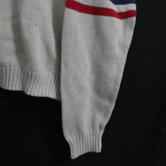 Women's Grey Cropped Sweater | medium | Red and Blue Striped Sleeves - Picture 14 of 15